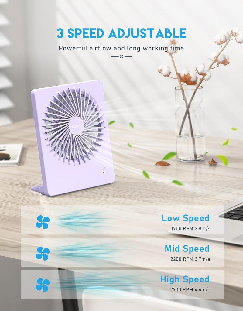 Zuvas Desk Fan Battery Operated Fan Rechargeable 180°Tilt Folding Personal Fan Ultra Quiet Small Portable 3 Speed Adjustable Strong Wind Fan For Office Bedroom Home Desktop Camping (Light Purple) - Image 3